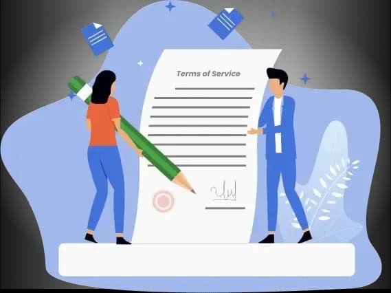 Illustration of a man and woman signing a large 'Terms of Service' document with a pencil.