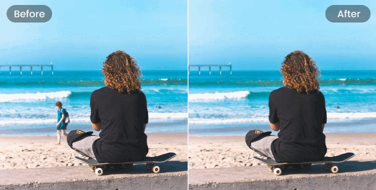 Before and after showing a person removed from a beach scene with a skateboarder.