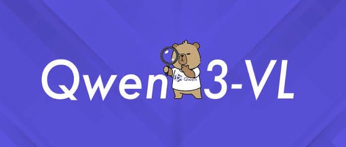Cartoon bear in a lab coat holding a magnifying glass with the text 'Qwen 3-VL'.