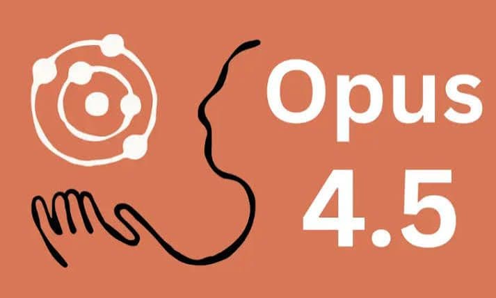 Orange logo with white text "Opus 4.5", abstract swirls, human hand, and profile outlines.