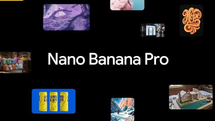 "Nano Banana Pro" text surrounded by a collage of abstract art and product images.