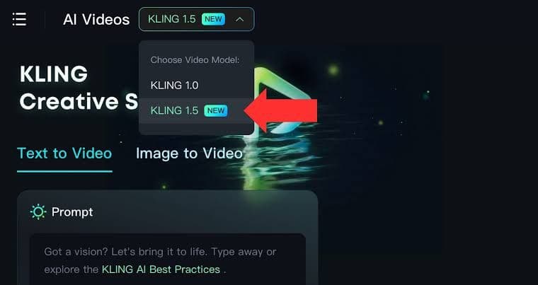User interface selecting KLING 1.5 AI video model from a dropdown menu.