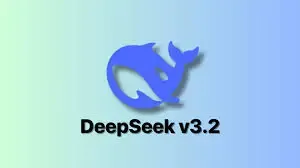 Blue dolphin-shaped logo with the text DeepSeek v3.2 below it on a gradient background.
