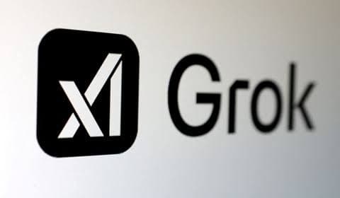 Grok AI logo, a black square with white stylized 'X' and the word 'Grok'.