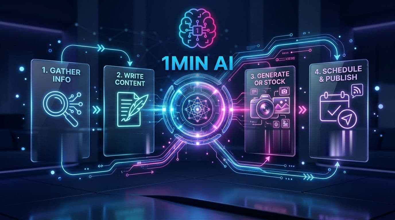 Digital diagram of a 1-minute AI content creation workflow with four steps.