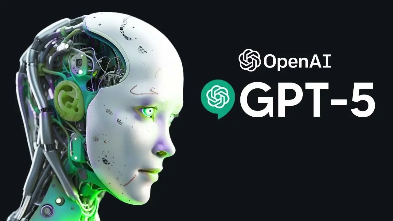 A robotic head with glowing green circuits beside OpenAI and GPT-5 text on a dark background.