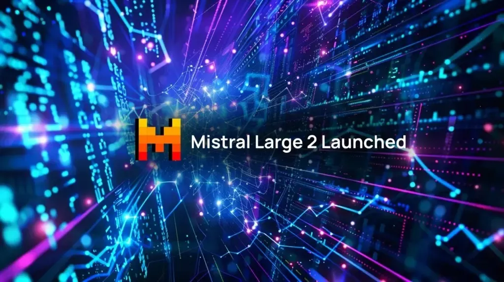 Mistral AI logo and 'Mistral Large 2 Launched' over a vibrant blue and purple digital network.