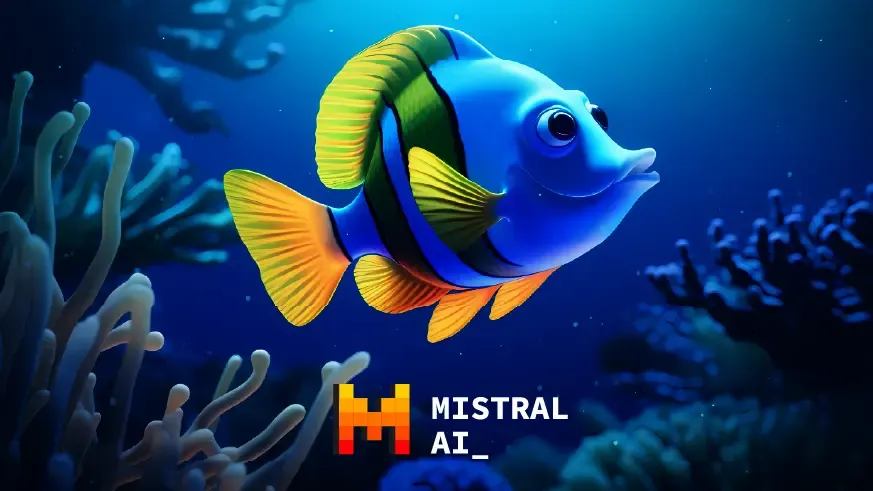 Vibrant blue and yellow fish swims in coral reef with Mistral AI logo.