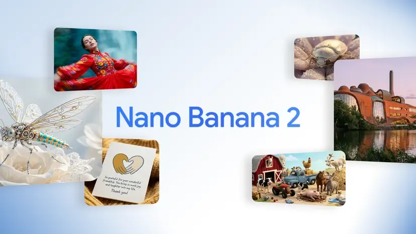 The text 'Nano Banana 2' is displayed, surrounded by multiple small, diverse photographs.