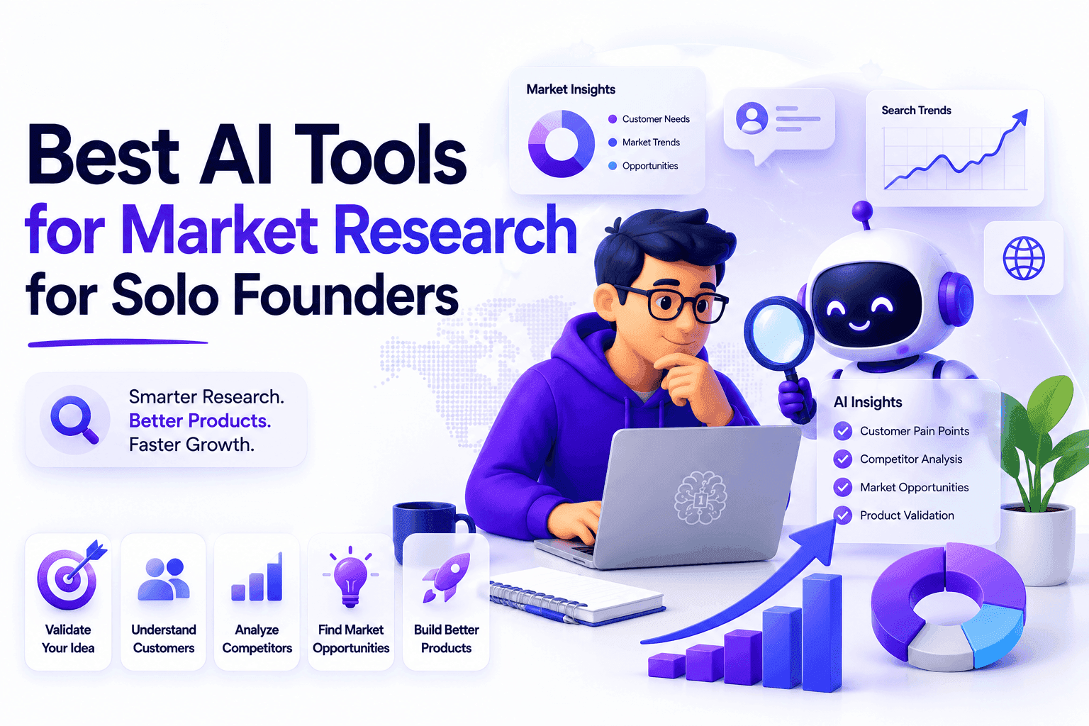 Best AI Tools for Market Research for Solo Founders, illustrated with tech and data.