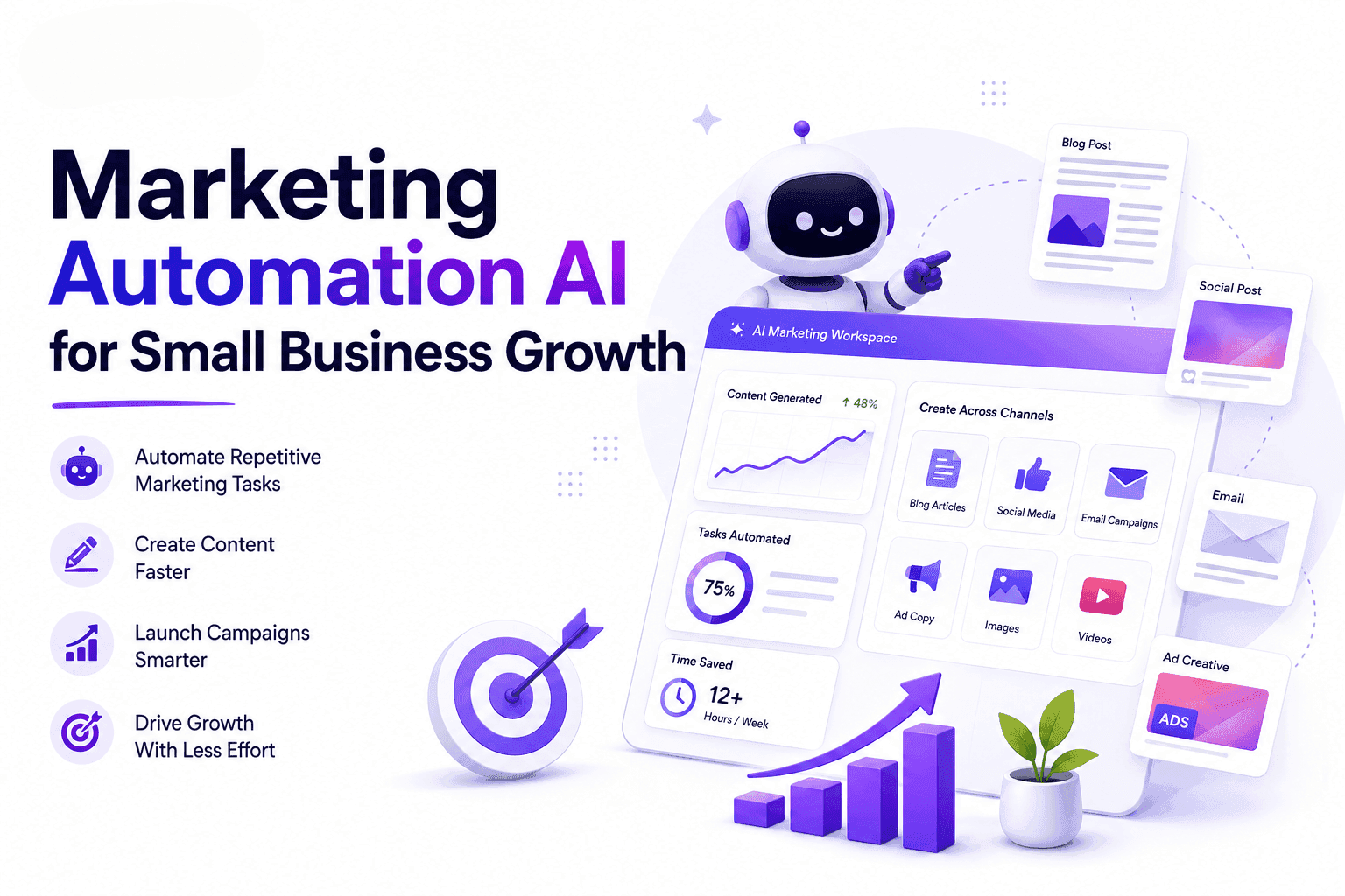 Marketing automation AI dashboard with robot, charts, and text promoting small business growth.
