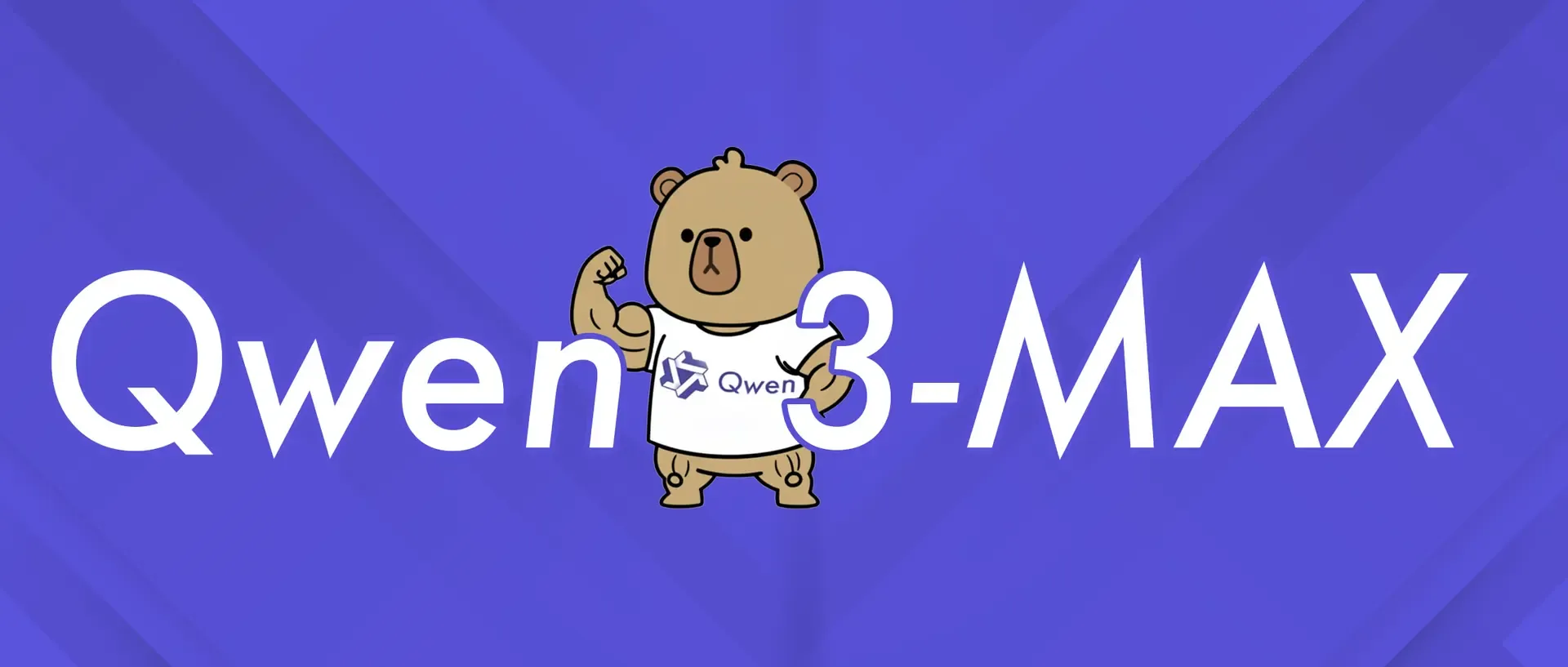 Cartoon bear flexing its biceps, positioned between the words 'Qwen 3-MAX' on purple.