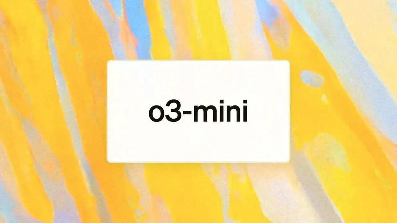 Text 'o3-mini' on a white rectangle against an abstract yellow and blue background.