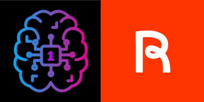 AI brain graphic with central chip and number 1, beside orange R logo.