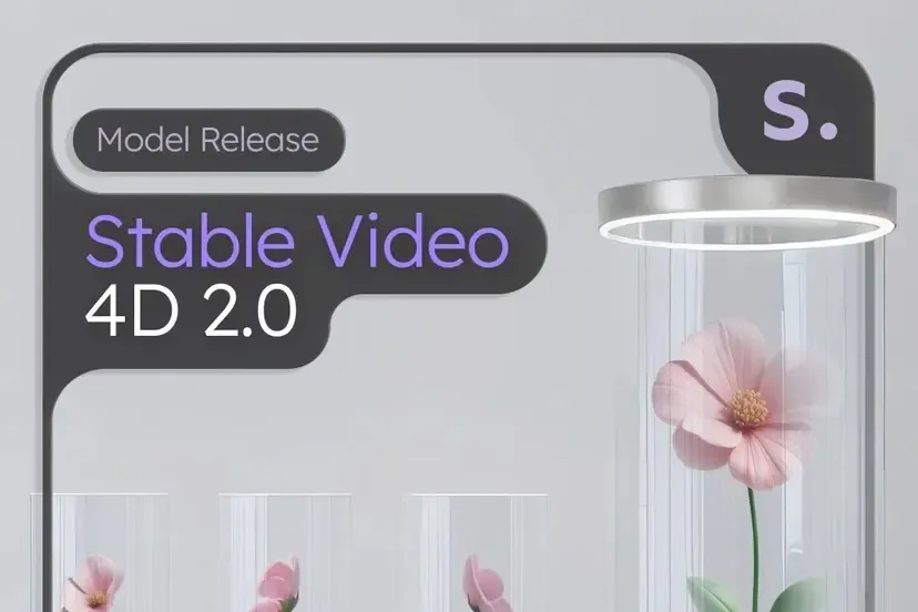 Graphic promoting 'Stable Video 4D 2.0' with a pink flower in an illuminated glass tube.
