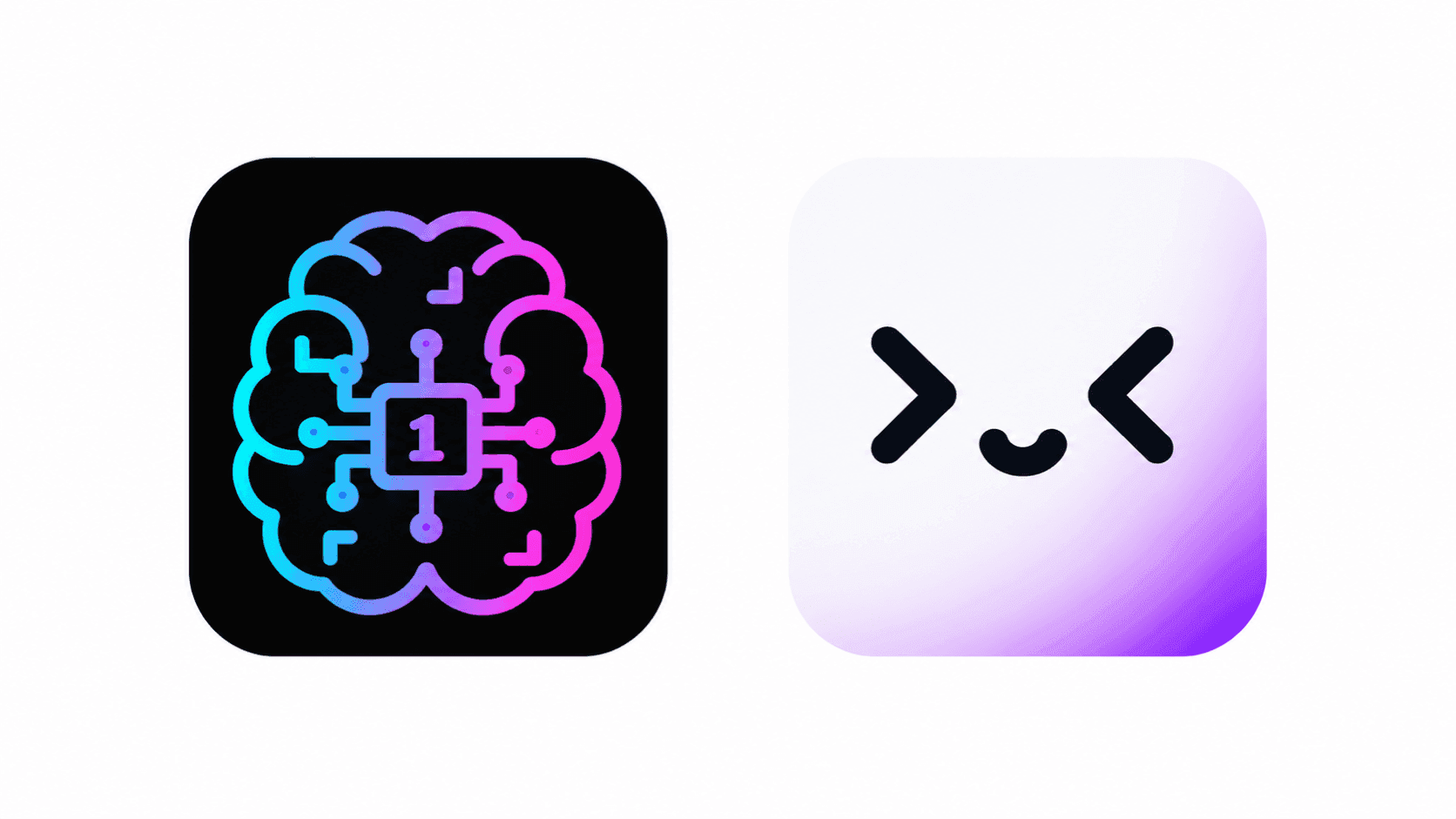 Neon brain circuit icon next to a minimalist terminal face icon.