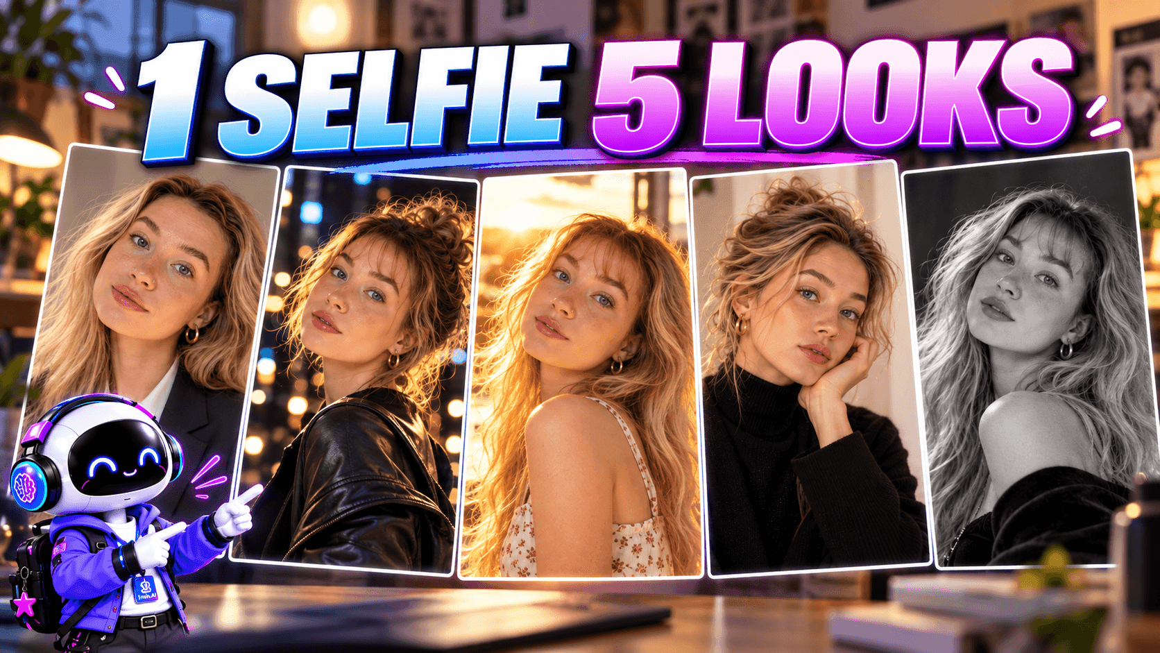 Five photos of a woman demonstrating different styled looks, with text '1 SELFIE 5 LOOKS'.