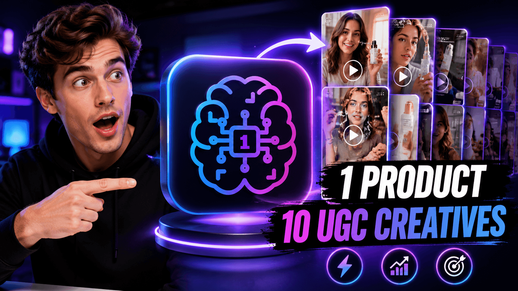 Man points to an AI brain icon and 10 UGC creatives for a single product.