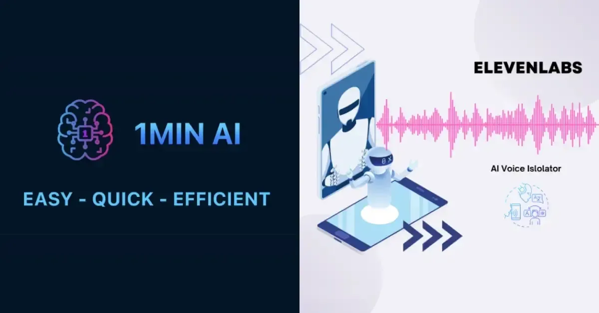 Promotional graphic for '1MIN AI' and 'ELEVENLABS AI Voice Model' with brain, robot, audio.