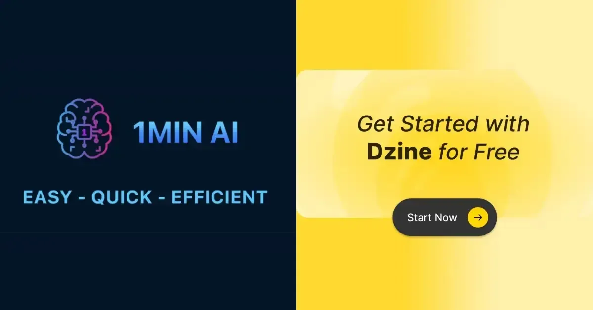1MIN AI logo and text promoting Dzine for free with a Start Now button.