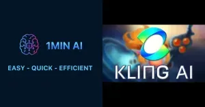 Split screen showing '1MIN AI: EASY - QUICK - EFFICIENT' and 'KLING AI' with their respective logos.