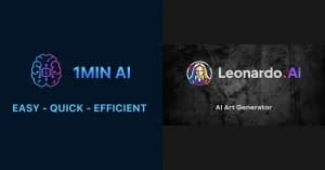 1MIN AI logo with a glowing brain icon, text says 'EASY - QUICK - EFFICIENT'.