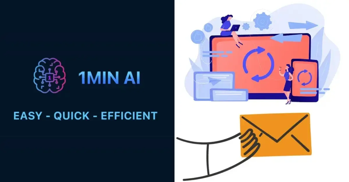 1MIN AI logo and tagline, with icons showing device synchronization and email communication.