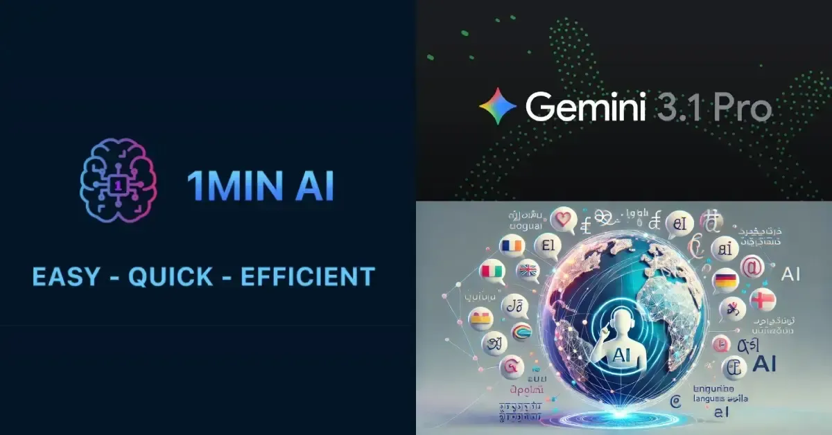 Collage features '1MIN AI', 'Gemini 3.1 Pro', and a global AI network.
