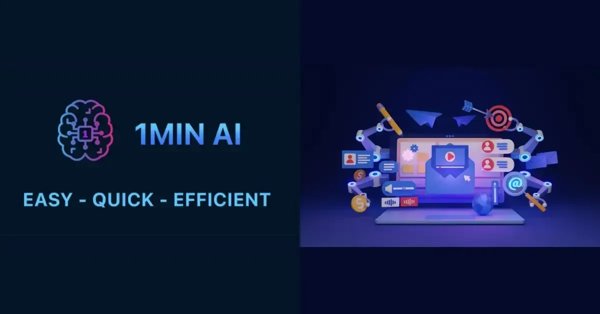 A graphic featuring '1MIN AI', 'EASY - QUICK - EFFICIENT' and an automated AI workstation.