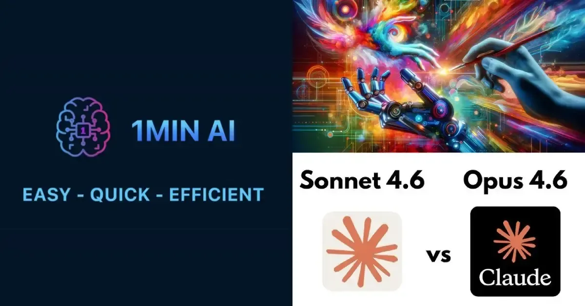 AI themed collage showcasing 1MIN AI, abstract art, and Sonnet 4.6 vs Opus 4.6 Claude.