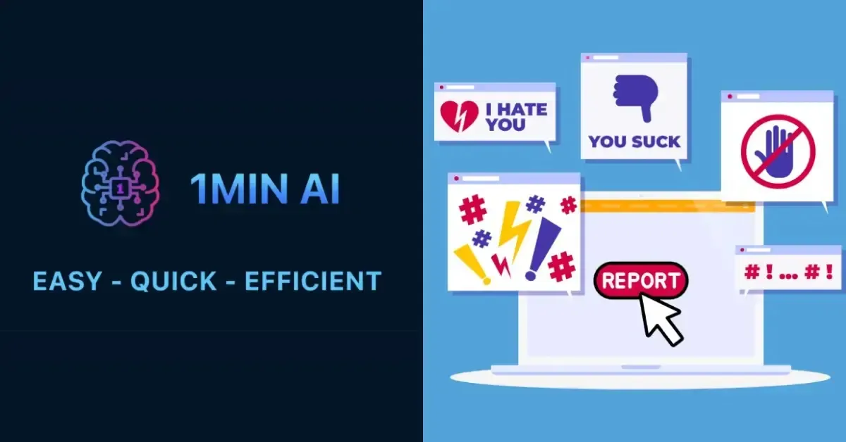 1MIN AI branding and a laptop reporting online hate speech, cyberbullying, and negative content.
