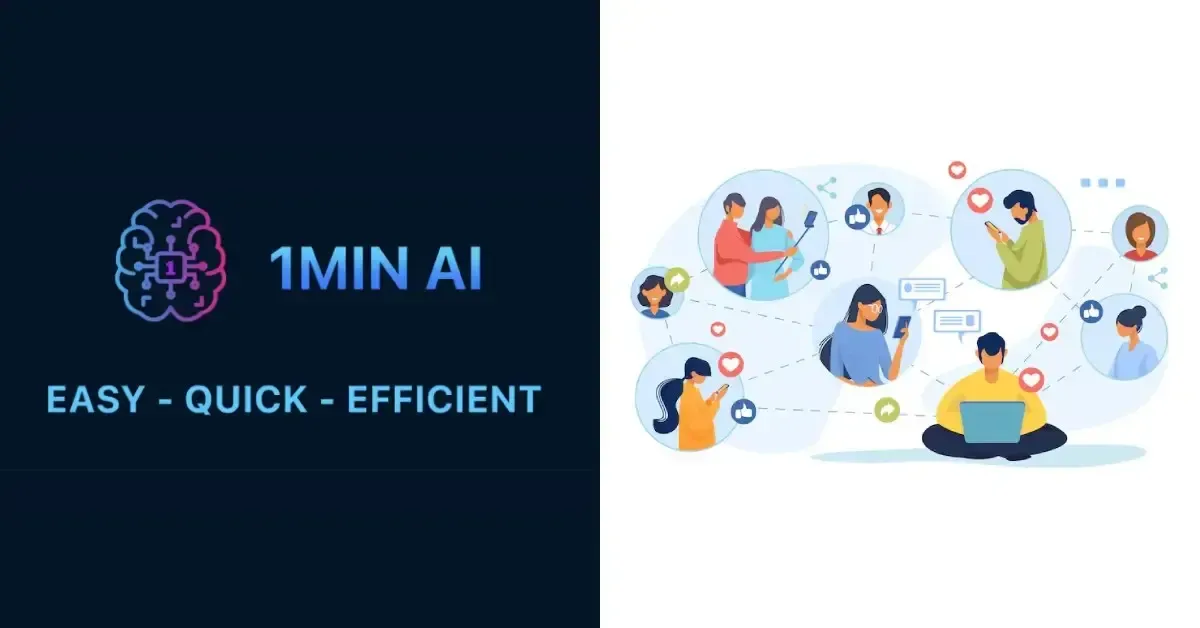 1MIN AI branding next to diverse people engaging in a social digital network.