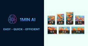 1MIN AI branding and slogan alongside goldfish images demonstrating various aspect ratios.