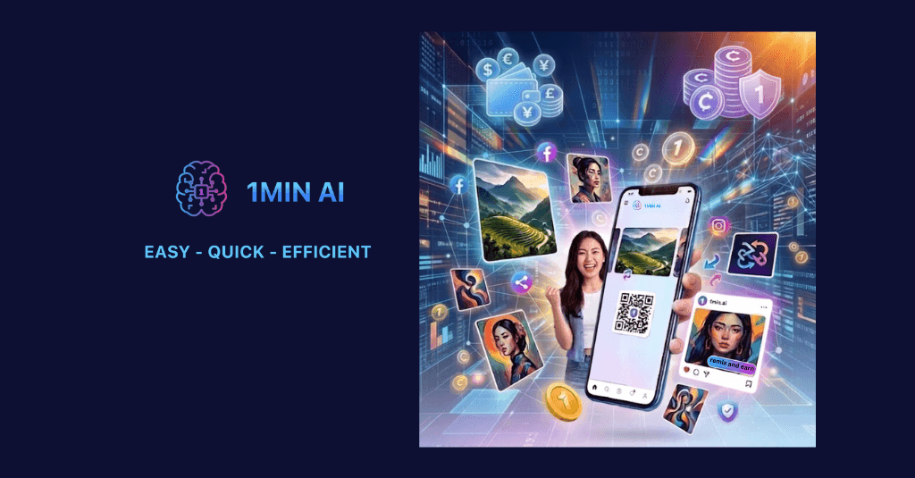 AI platform graphic featuring a smartphone, social media icons, and digital content management.