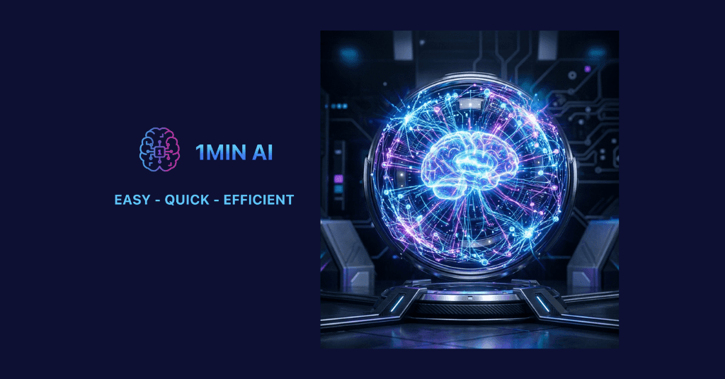 Futuristic brain inside glowing orb, with '1MIN AI' text and logo.