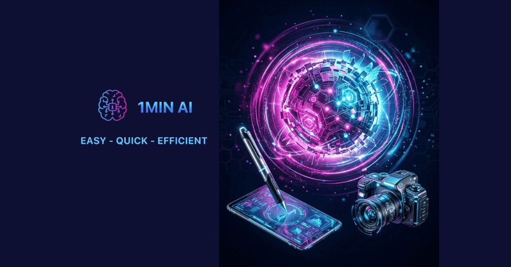 1MIN AI logo and tagline with digital art, smartphone, stylus, and camera representing creative tools.