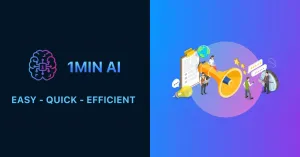 1MIN AI logo, 'Easy - Quick - Efficient' text, and people communicating with a megaphone.