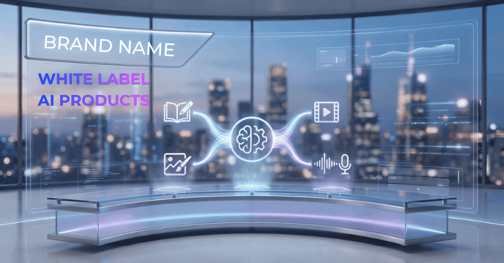 Holographic display showing white label AI products with an urban night skyline background.