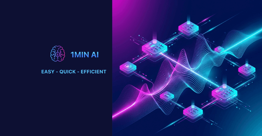 1MIN AI logo with interconnected data servers, glowing lines, and 'EASY - QUICK - EFFICIENT' text.
