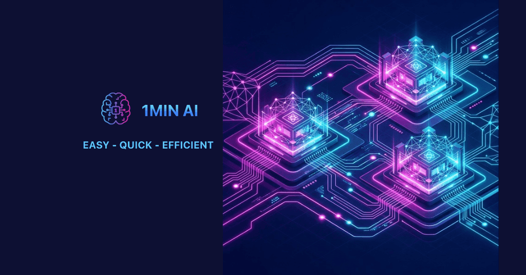 1MIN AI logo with glowing circuit board design and 'EASY QUICK EFFICIENT' slogan.
