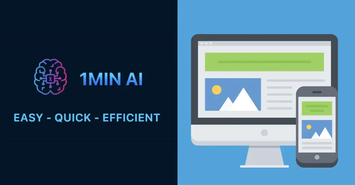 1MIN AI logo, slogan, and responsive web design shown on desktop and mobile screens.