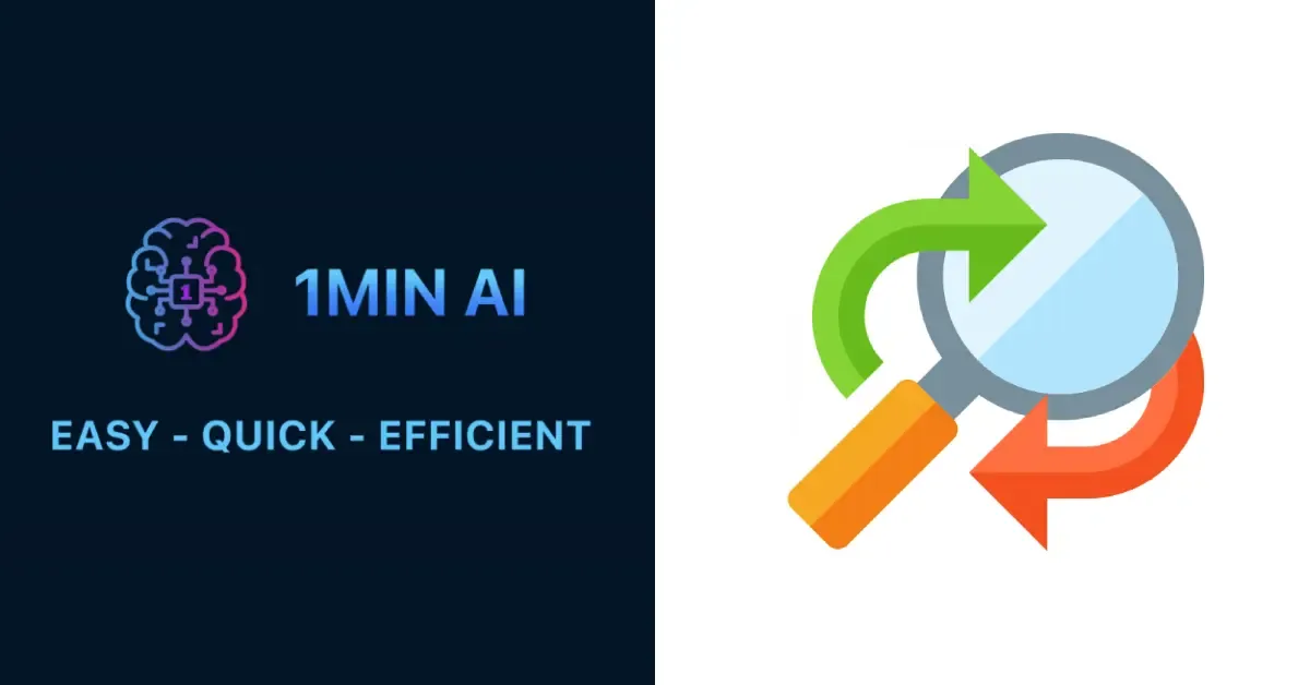 1MIN AI logo, brain icon, and magnifying glass with arrows for efficient analysis.
