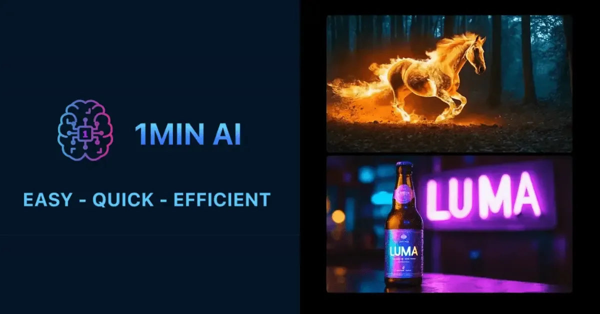 Branding for 1MIN AI, a fiery horse, and a Luma product with a glowing neon sign.