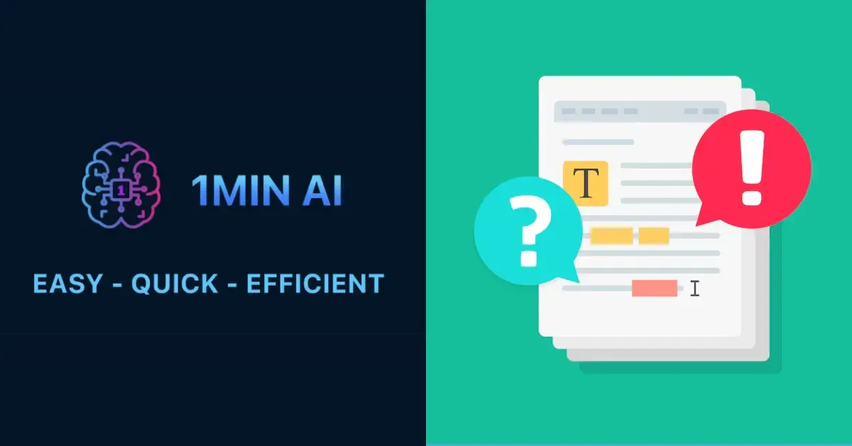 1MIN AI logo, 'EASY - QUICK - EFFICIENT', next to documents with question and exclamation marks.