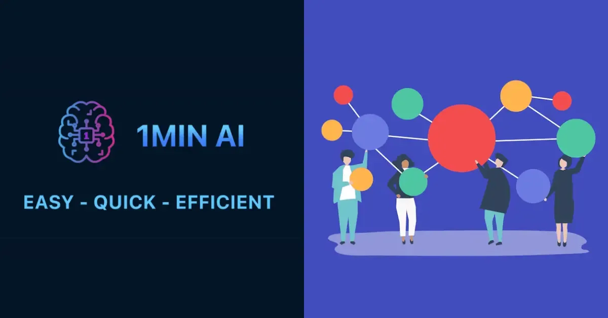 1MIN AI branding with brain icon and slogan, next to figures collaborating on network nodes.