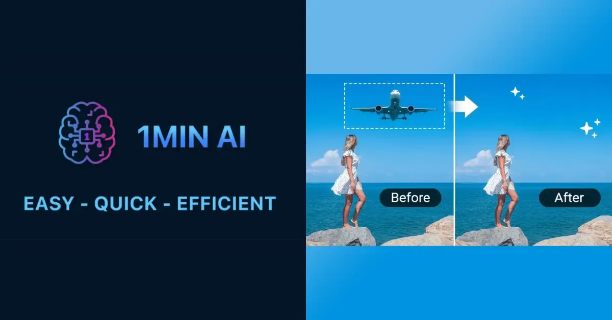 1MIN AI demonstrates photo object removal, transforming an image by deleting an airplane.