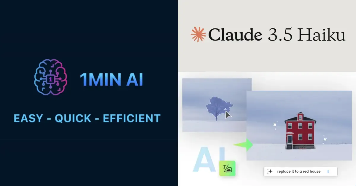 Left: 1MIN AI logo, brain icon, and slogan. Right: Claude 3.5 Haiku interface screenshot.