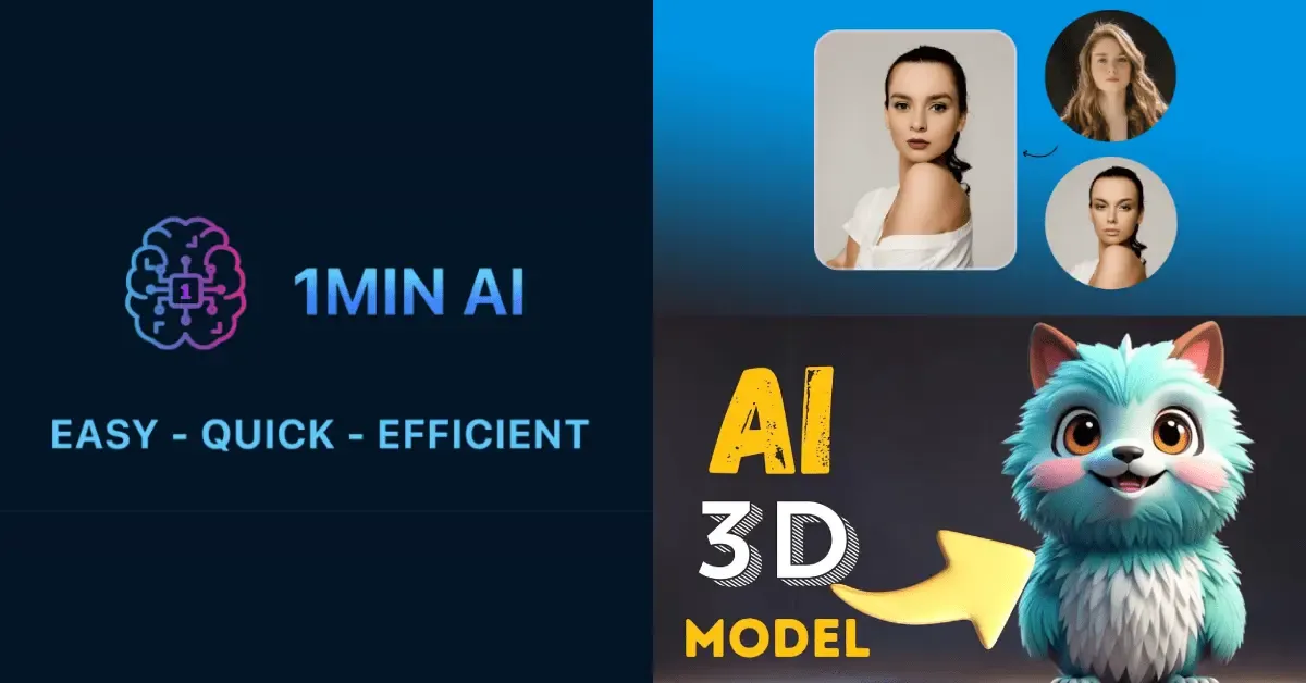 Graphic promoting '1MIN AI' for efficient 3D model creation and face transformation.