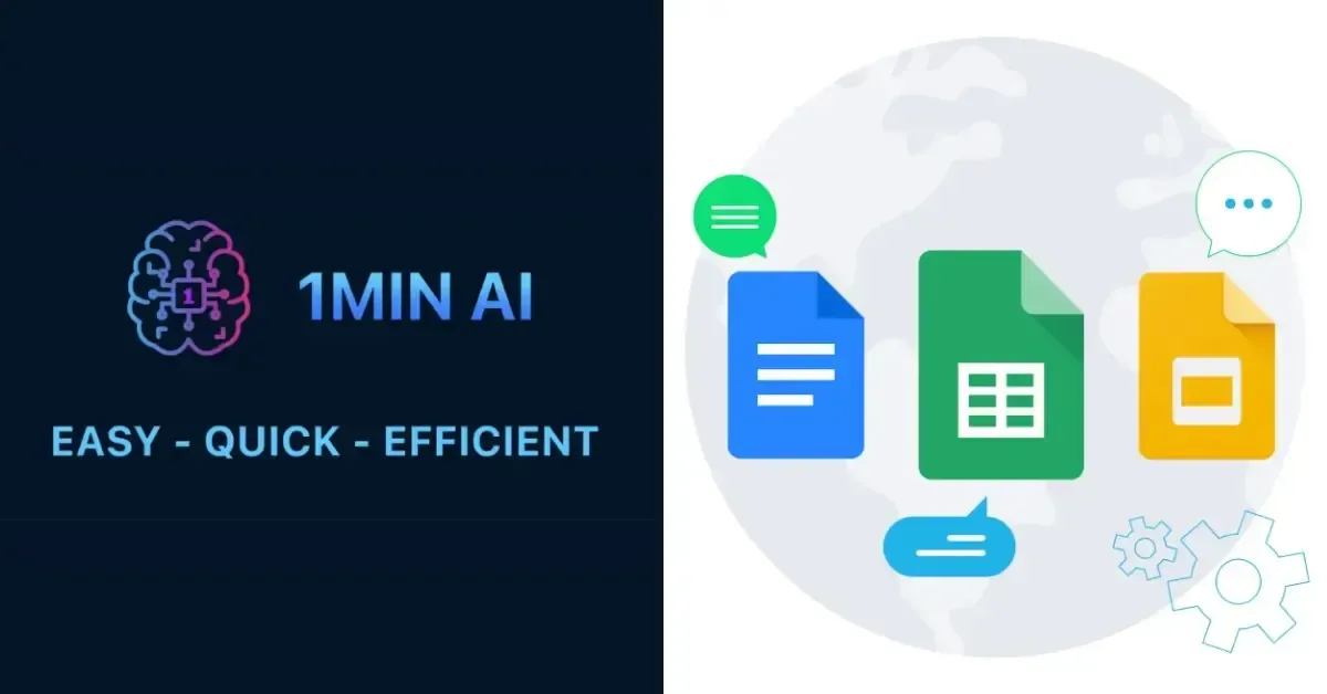 1MIN AI logo and slogan 'EASY QUICK EFFICIENT' next to document and collaboration icons.