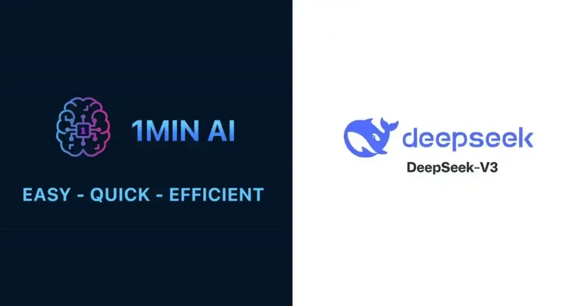 1MIN AI logo with a glowing brain icon and DeepSeek-V3 logo with a blue whale icon.